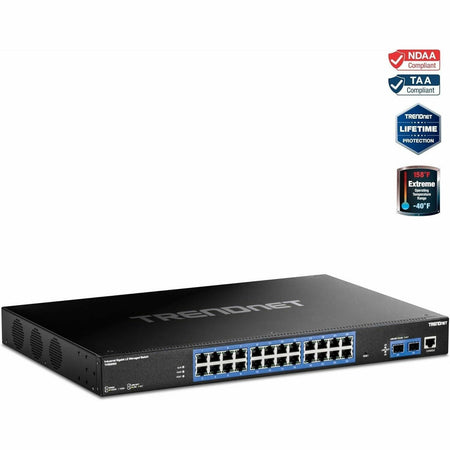 TRENDnet 26-Port Industrial Gigabit L2 Managed Rackmount Switch, TI-RG262i, 24 x Gigabit Ports, 2 x SFP Ports, IP30 Rated Metal Housing, Lifetime Protection, Black - TI-RG262I