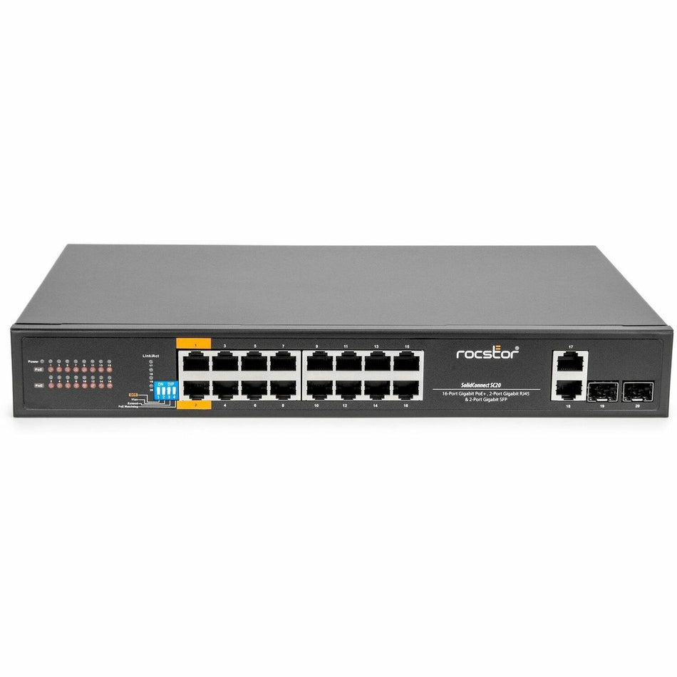 Rocstor SolidConnect SC20 20-Port Switch, 16-Port PoE+ Gigabit Unmanaged Ethernet Port, 2x Gigabit RJ45 & 2× SFP Uplink - 802.3af/at - Y10S007-B1