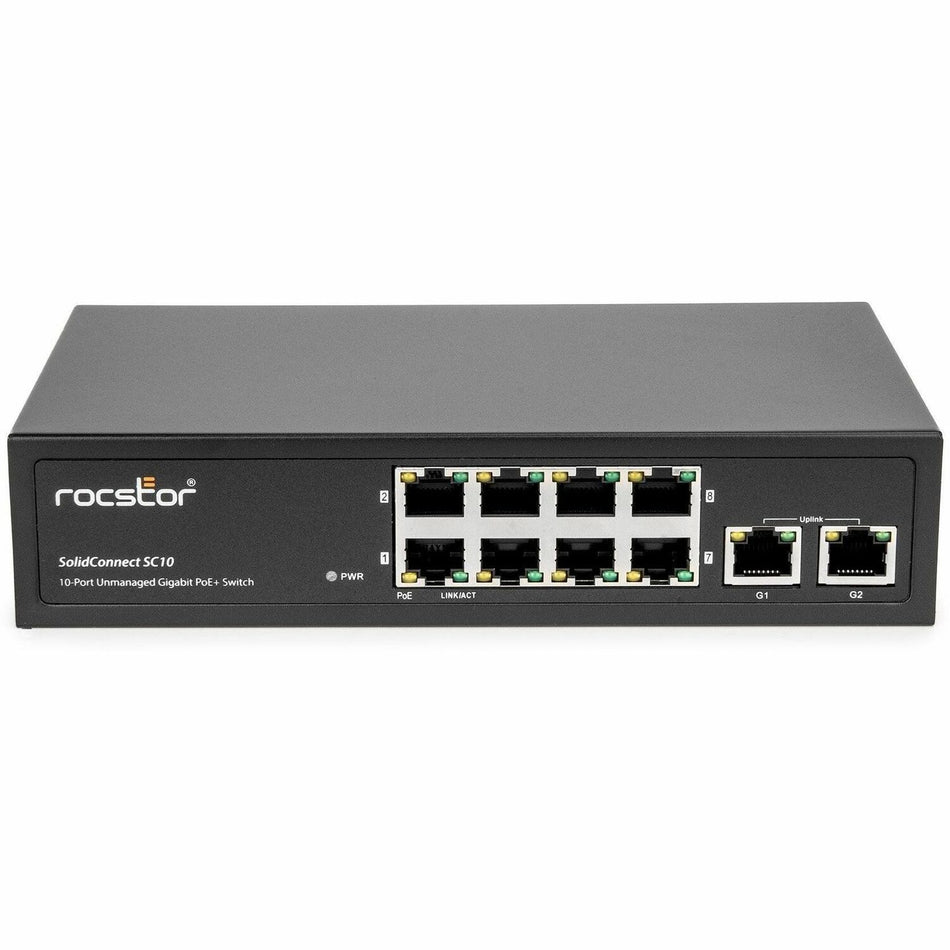 Rocstor 10-Port Gigabit Desktop Switch with 8-Port PoE+, 2x Gigabit RJ45 Uplink Port - Y10S006-B1