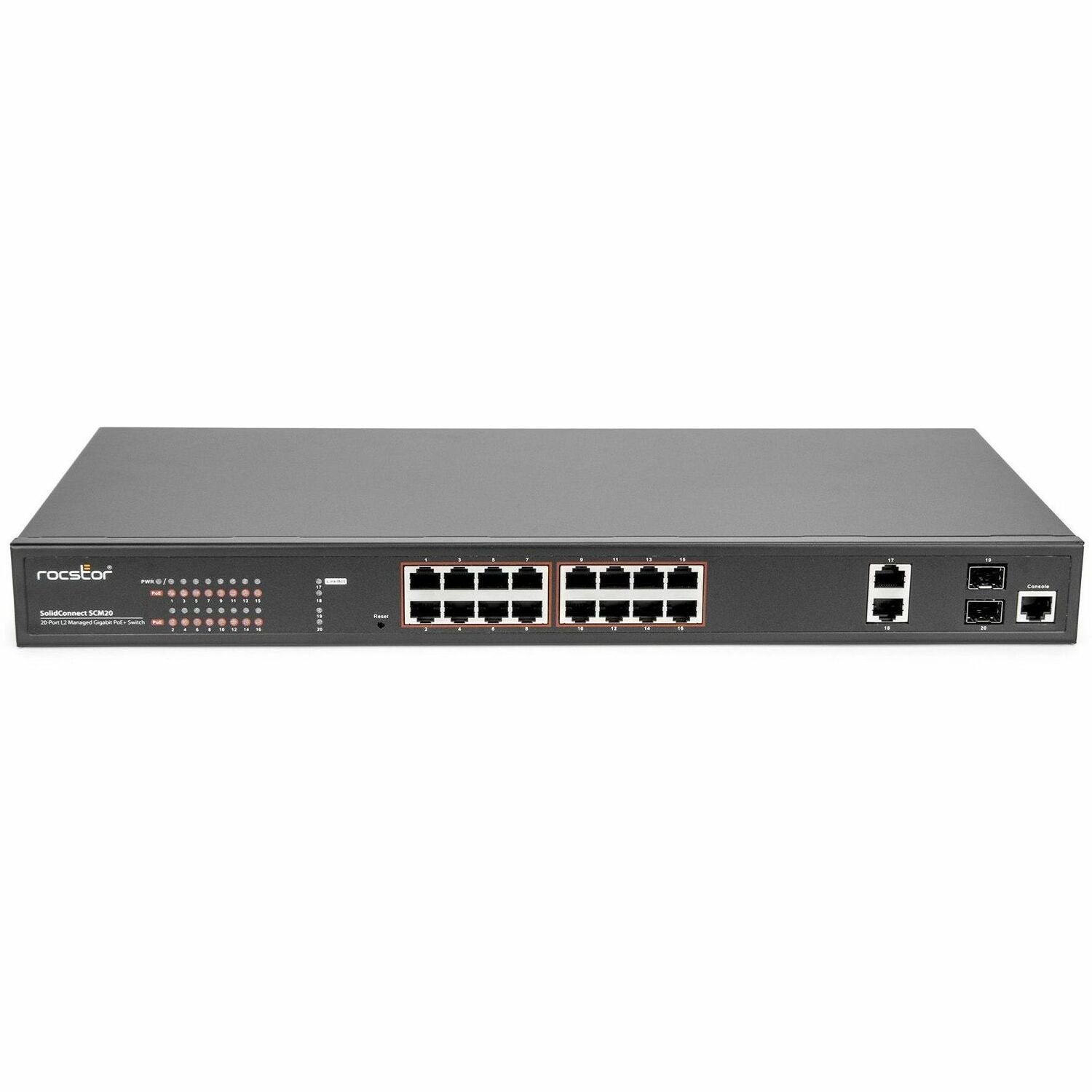 Rocstor SolidConnect SCM20 16-Port PoE+ Gigabit Managed Switch with 2 Gigabit RJ45 & 2 SFP Ports (Y10S010-B1) - Y10S010-B1