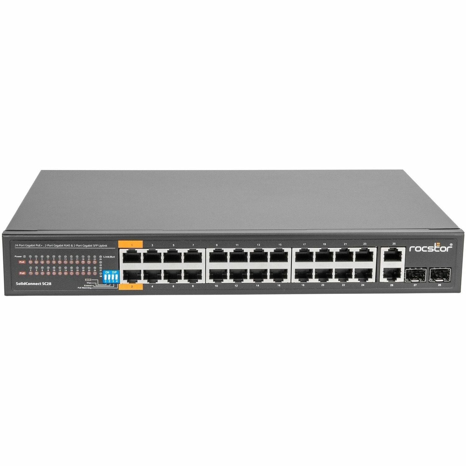 Rocstor SolidConnect SC28 28 Port Switch, 24-Port PoE+ Gigabit Unmanaged Ethernet Port, 2x Gigabit RJ45 & 2× SFP uplink - 802.3af/at - Y10S008-B1