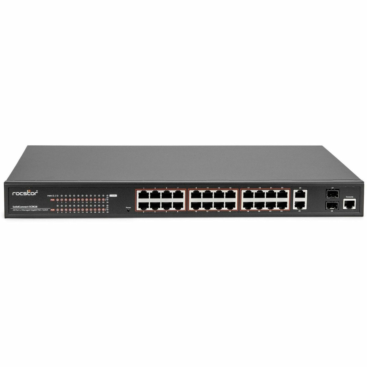 Rocstor SolidConnect SCM28 24-Port PoE+ Gigabit Managed Switch with 1 Gigabit RJ45 & 2 SFP Ports (Y10S011-B1) - Y10S011-B1