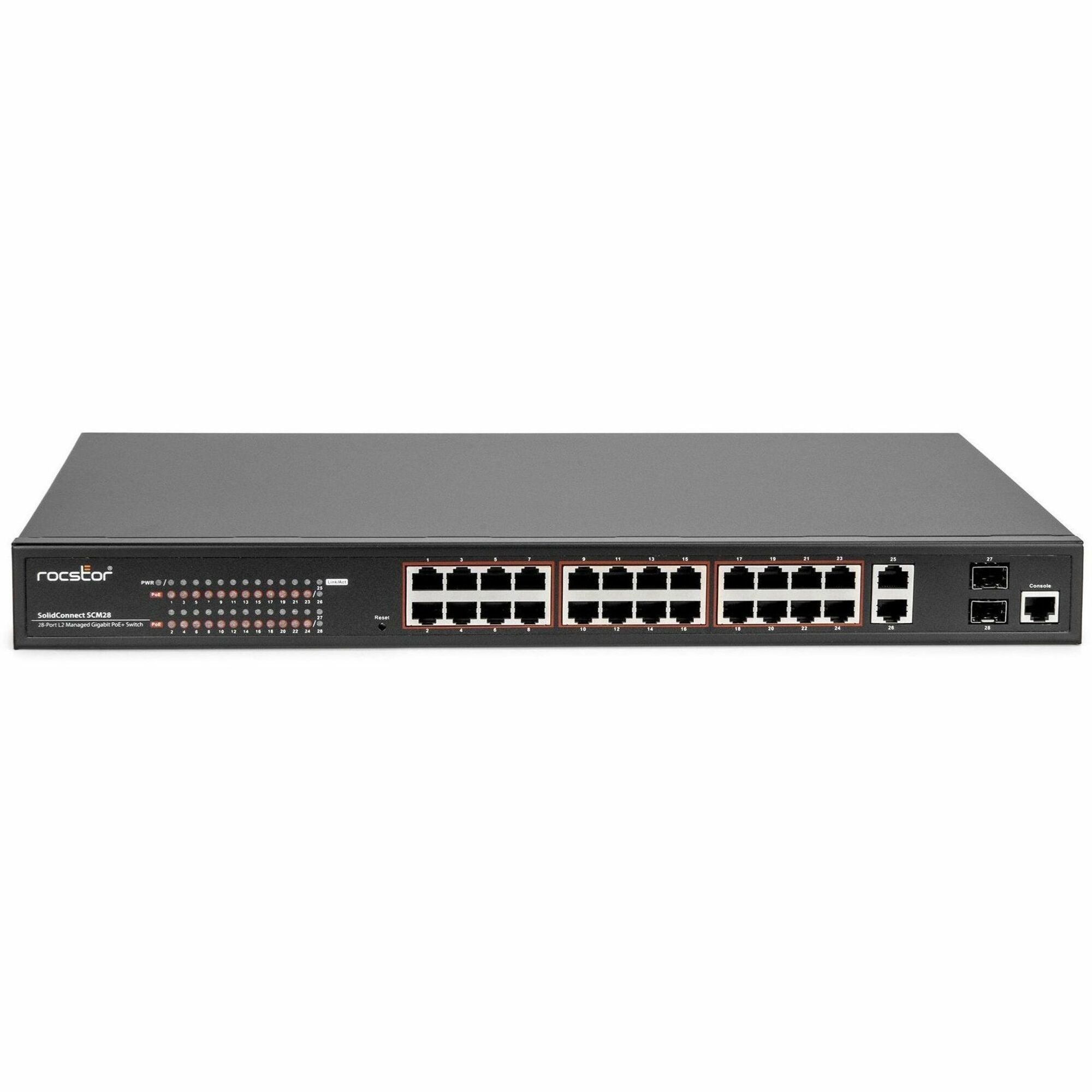 Rocstor SolidConnect SCM28 24-Port PoE+ Gigabit Managed Switch with 1 Gigabit RJ45 & 2 SFP Ports (Y10S011-B1) - Y10S011-B1