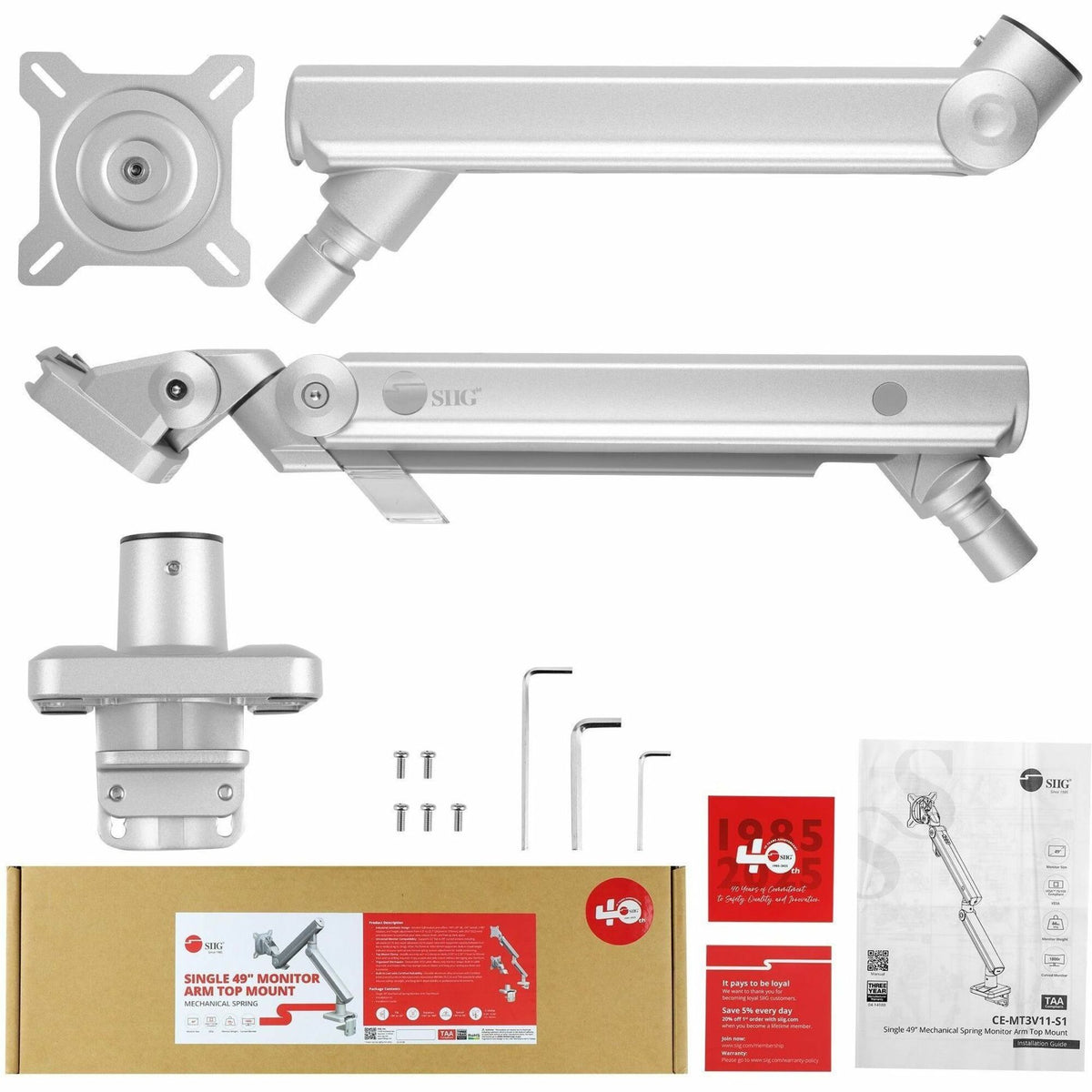 SIIG MTPRO Heavy Duty Desk Mount Single Monitor Arm - Up to 49"- Max load up to 44 lbs - VESA 75 & 100mm - TAA Compliant - CE-MT3V11-S1
