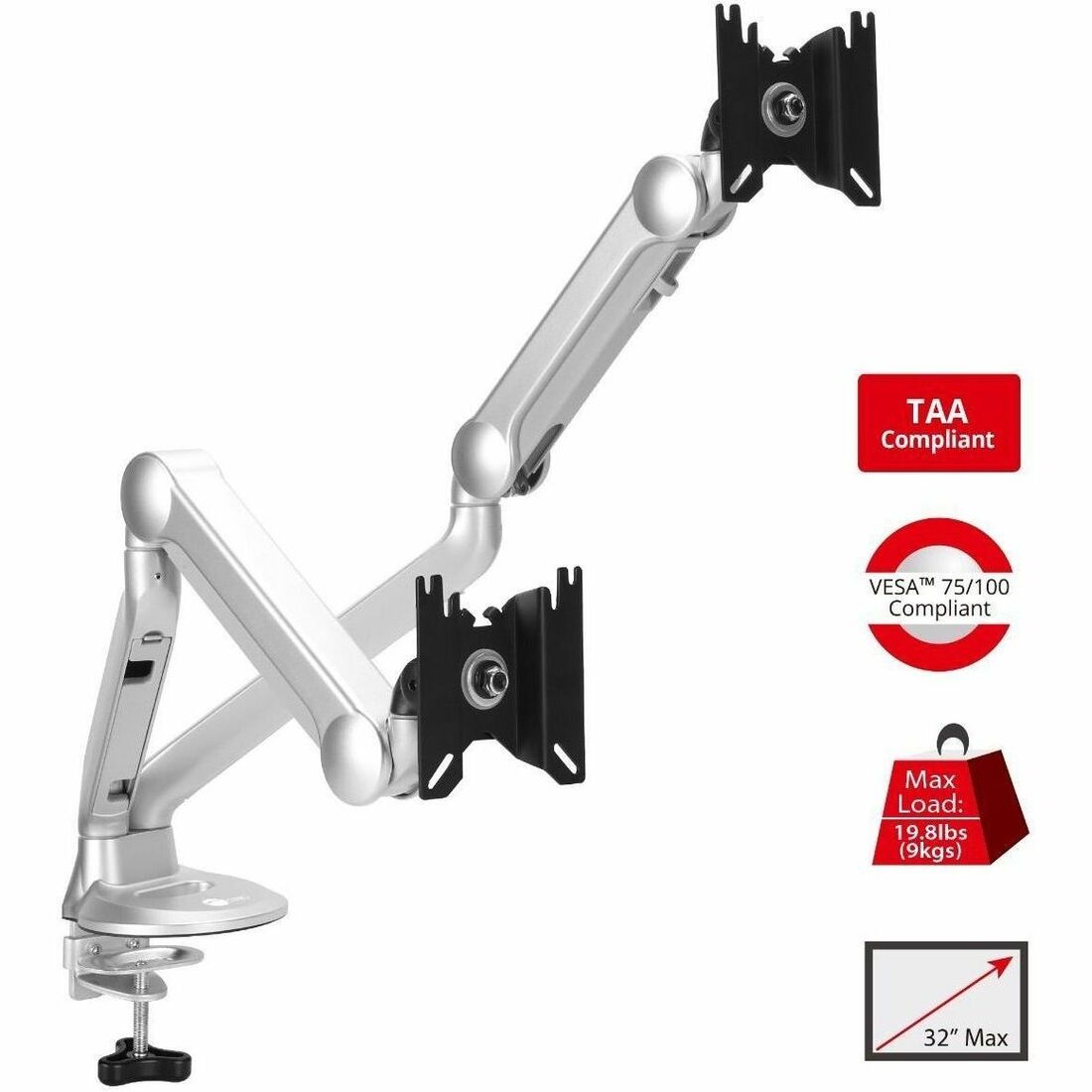SIIG MTPRO Desk Mount Dual Gas Spring Monitor Arm - up to 32" Display - Max. Load 19.8 lbs - VESA 75 & 100mm - CE-MT3X11-S1