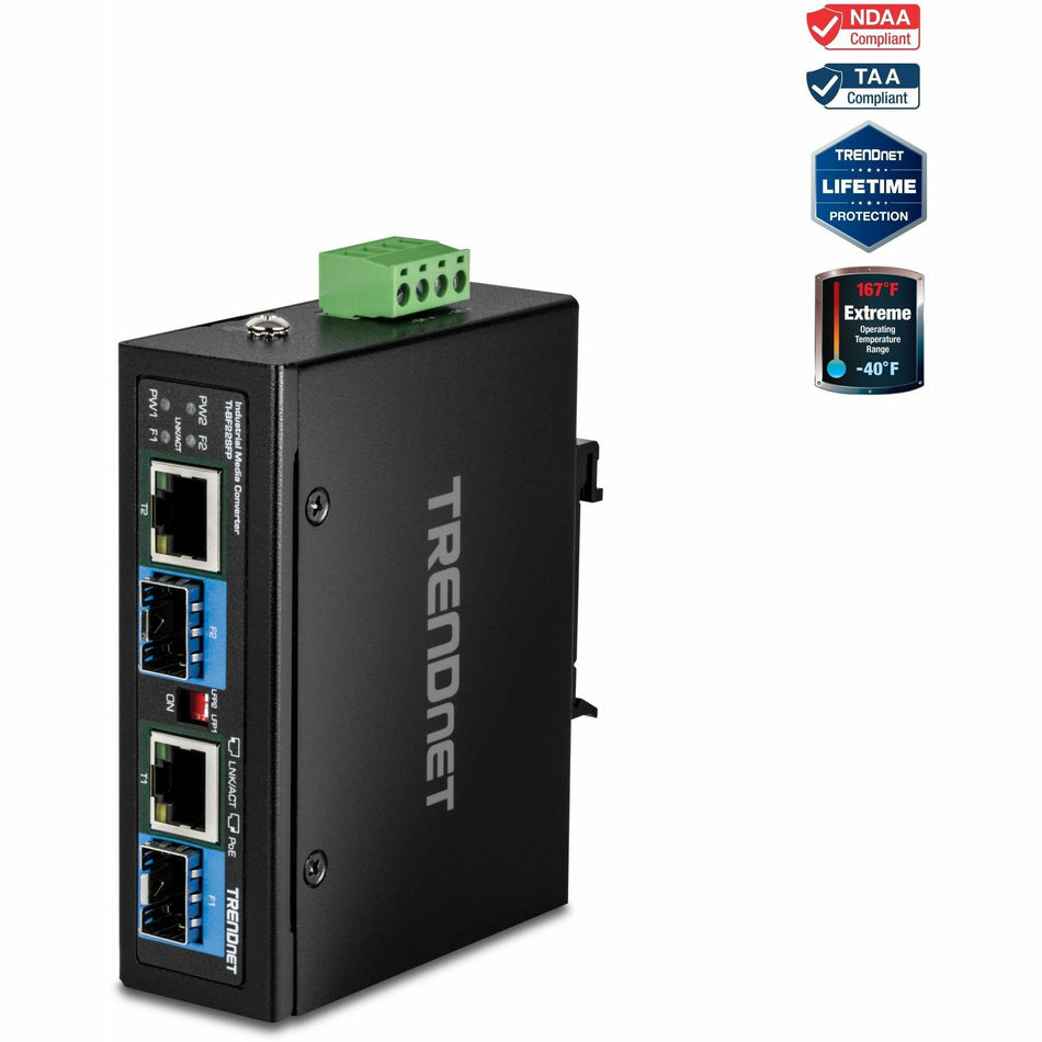 TRENDnet 2-Port Industrial SFP to Gigabit PoE++ Media Converter, TI-BF22SFP, IP30 Metal Housing, Power Supply (Model TI-S15052) Sold Separately, Black - TI-BF22SFP