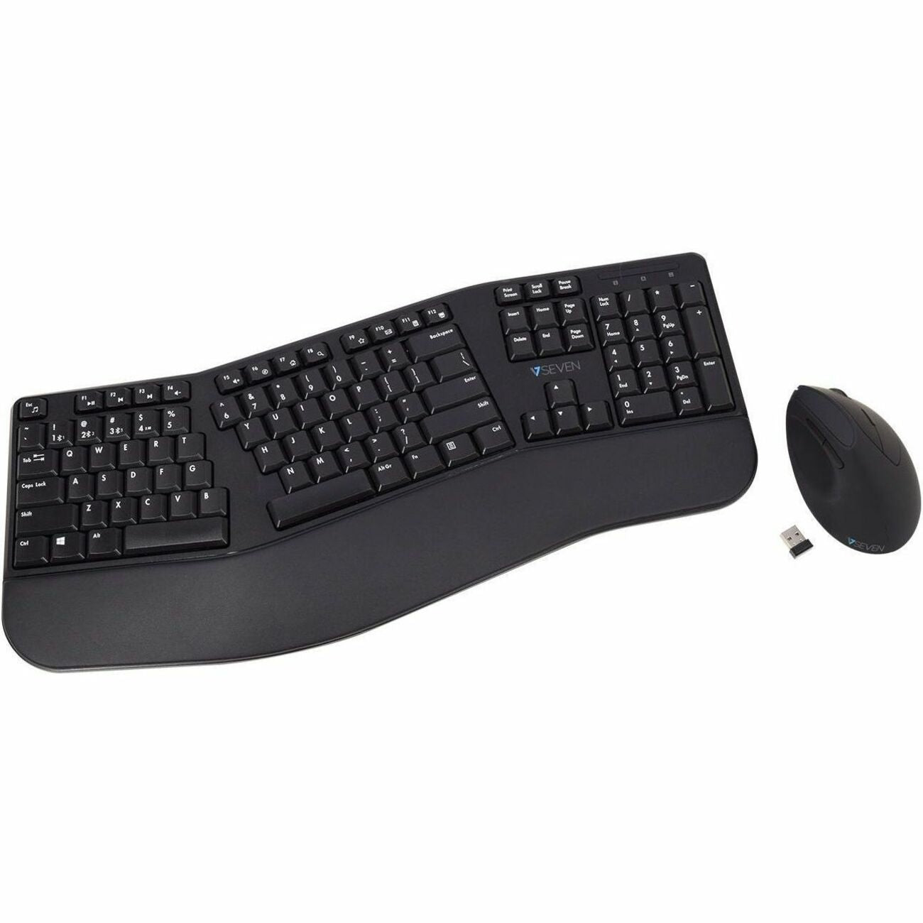 V7 Bluetooth Split Ergonomic Keyboard and Mouse Combo - Business - US Layout - English (US) - QWERTY - Black - Wireless Connectivity - Bluetooth - RF - 2.4GHz - Full Size - Padded Palm Rest - USB Interface - Windows - MacOS - ChromeOS - Ergo - Dual Mode Connection - Multimedia keys - Lasered keycaps -Battery included - CKW500BTUS