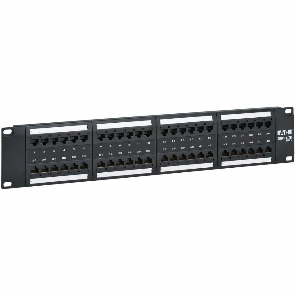 Eaton Tripp Lite Series 48-Port Cat6 Patch Panel - 4PPoE Compliant, 110/Krone, 568A/B, RJ45 Ethernet, 2U Rack-Mount, Black, TAA - N252-P48