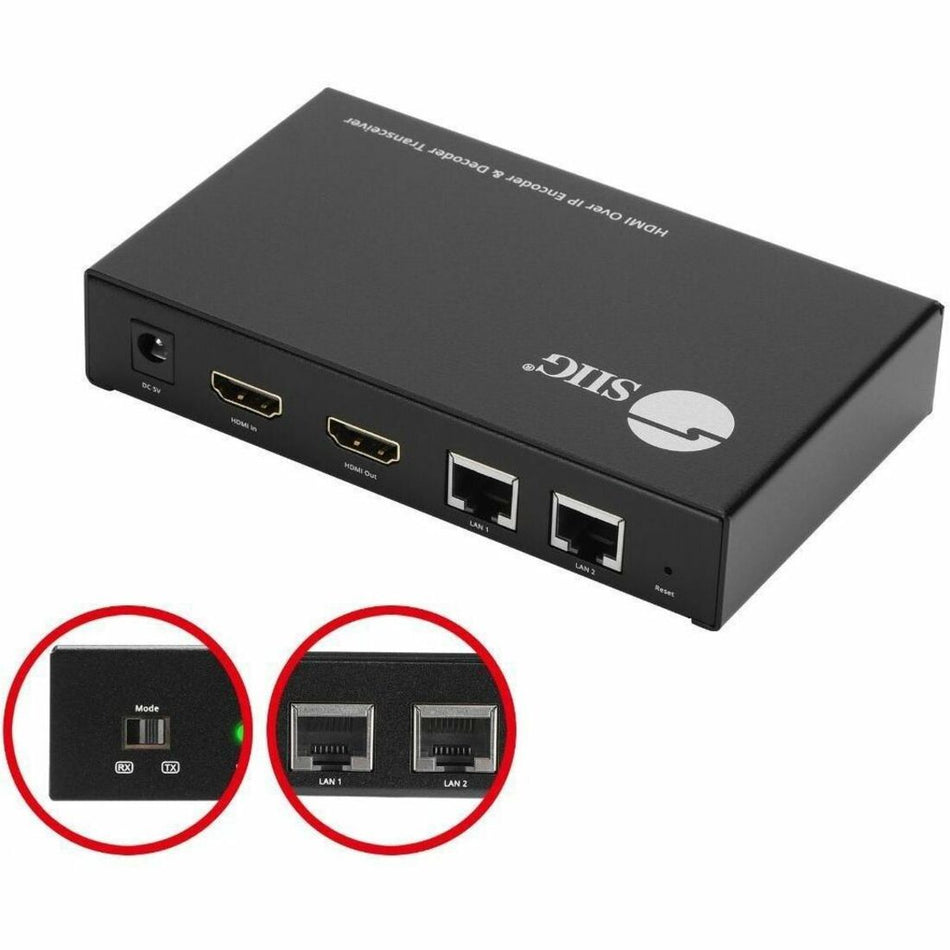 SIIG HDMI Over IP Encoder & Decoder Transceiver, TX/RX Mode Switching, Cascading, 1080p, 1 to 1 600ft - CE-H27P11-S1