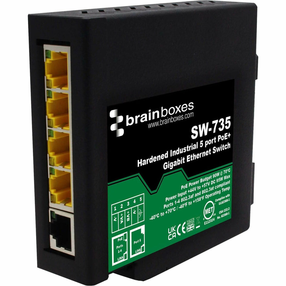 Brainboxes Hardened Industrial 5 Port PoE+ Gigabit Ethernet Switch - SW-735