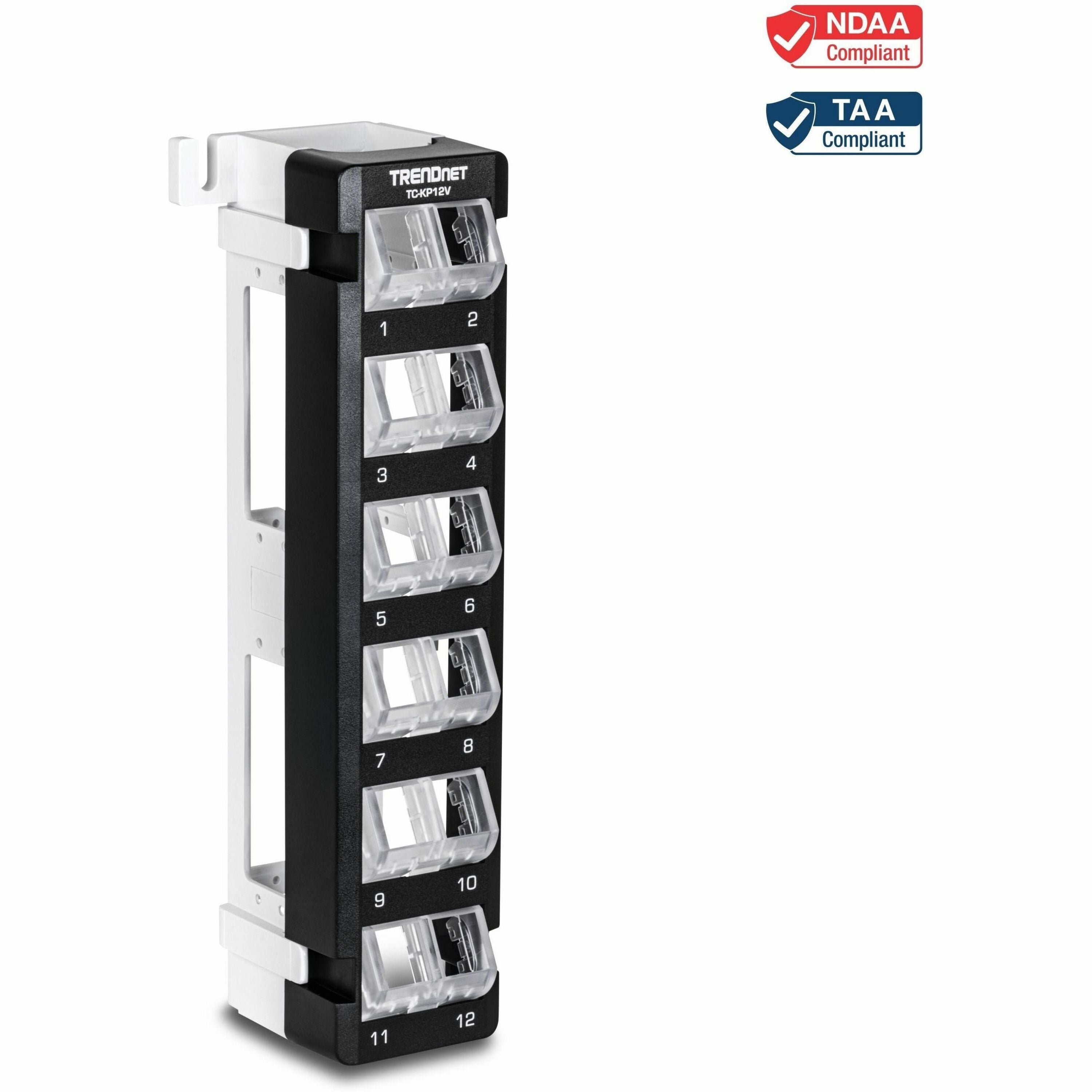 TRENDnet 12-Port Blank Angled Wall Mount Keystone Patch Panel, TC-KP12V, Use with TRENDnet Keystone Jacks (Sold Separately), Snap-in Style, Quick and Easy Access, 89D Wall Mount Bracket Included - TC-KP12V