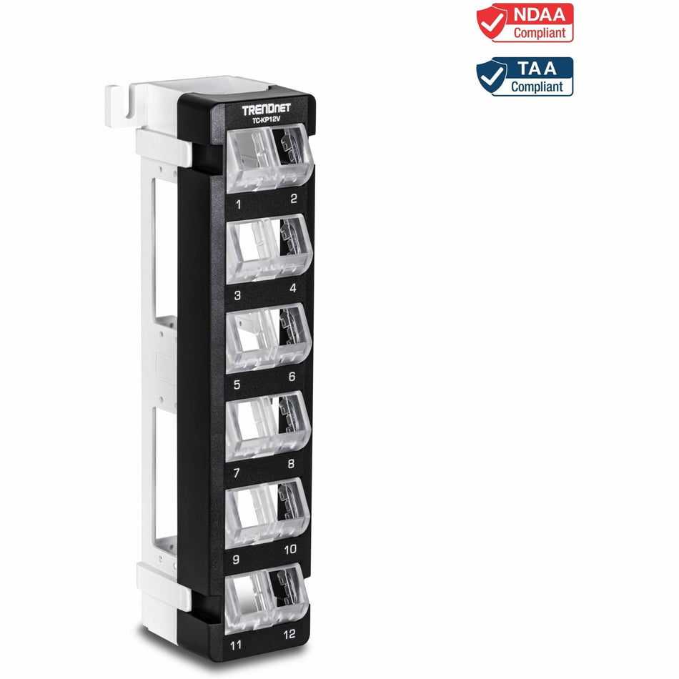 TRENDnet 12-Port Blank Angled Wall Mount Keystone Patch Panel, TC-KP12V, Use with TRENDnet Keystone Jacks (Sold Separately), Snap-in Style, Quick and Easy Access, 89D Wall Mount Bracket Included - TC-KP12V