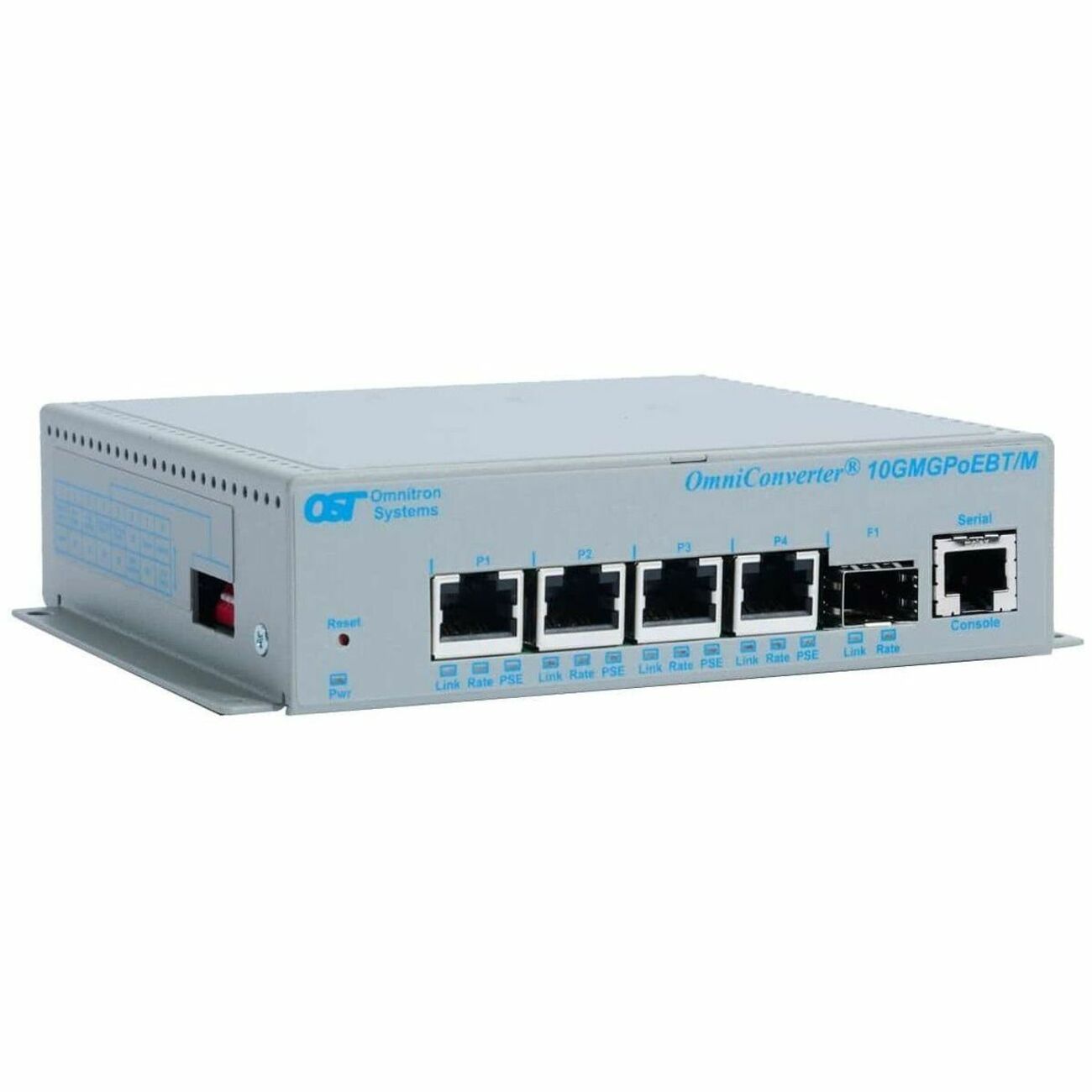 Omnitron Systems OmniConverter 10GMGPoEBT/Sx, 1x SFP/SFP+, 4x RJ-45 PoE/PSE, 5 Year Warranty - 9658-0-14-9