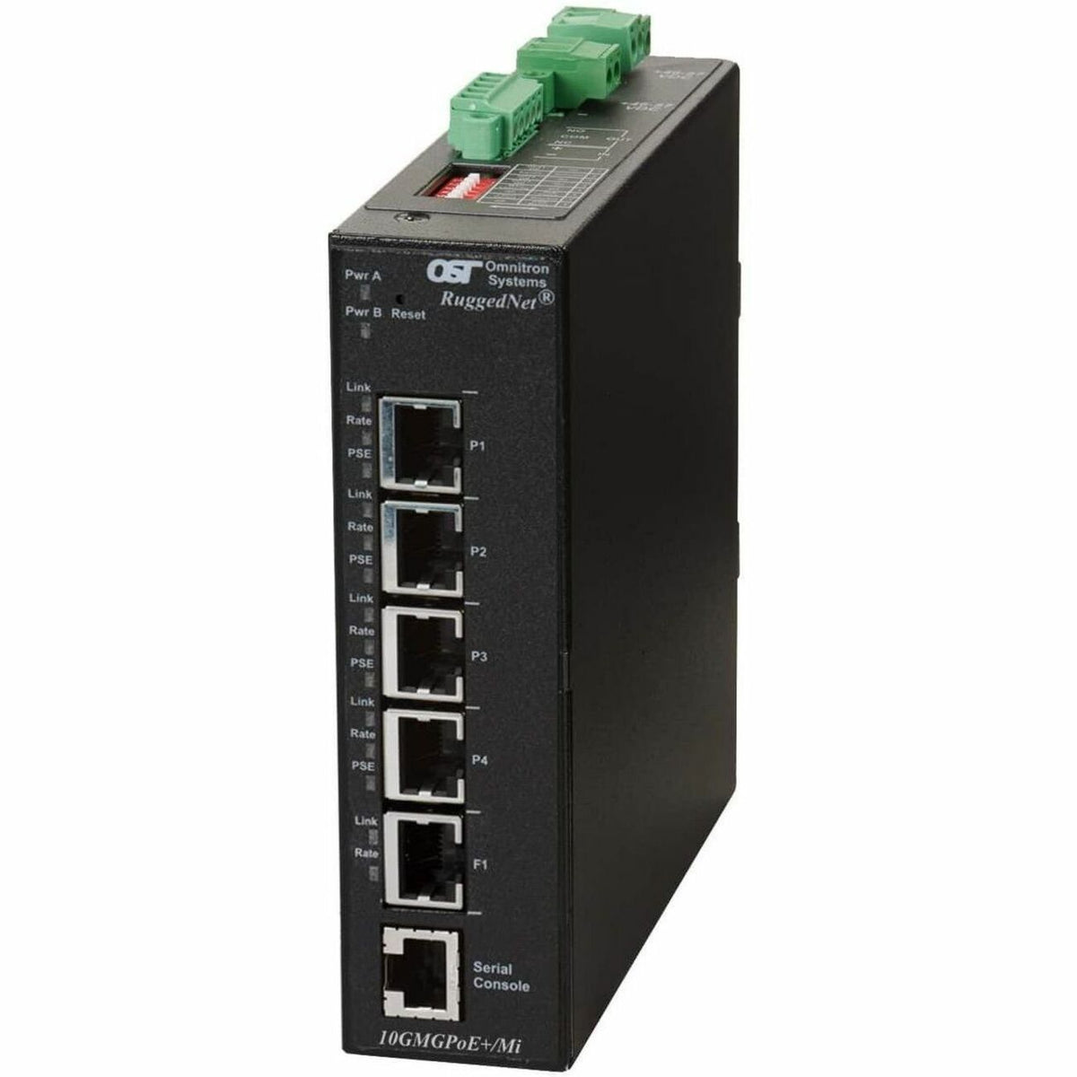 Omnitron Systems RuggedNet 10GMGPoE+/Mi, 1x RJ-45, 4x RJ-45 PoE/PSE, 5 Year Warranty - 9666-1-14-2Z