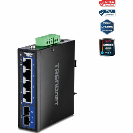 TRENDnet 5-Port Hardened Industrial Gigabit DIN-Rail Switch, TI-G51SC, 1 x Multi-Mode SC Port, 4 x Gigabit Ports, 10Gbps, IP30 Rated, Lifetime Protection, Black - TI-G51SC