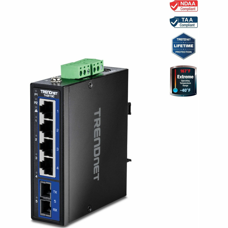 TRENDnet 5-Port Hardened Industrial Gigabit DIN-Rail Switch, TI-G51SC, 1 x Multi-Mode SC Port, 4 x Gigabit Ports, 10Gbps, IP30 Rated, Lifetime Protection, Black - TI-G51SC