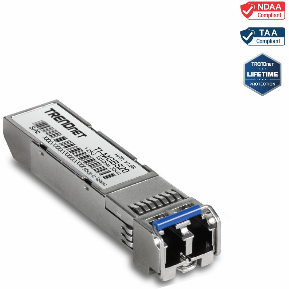TRENDnet TI-MGBS20, 1000Base-LX Industrial SFP Single- Mode LC Module (20km), Lifetime Protection - TI-MGBS20