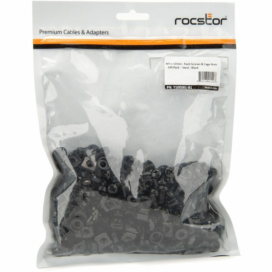 Rocstor M5 x 12mm - Rack Screws and Cage Nuts - 100 Pack, Black - Y10E081-B1
