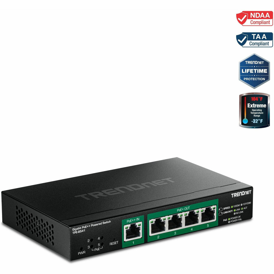 TRENDnet 5-Port Gigabit PoE++ Powered Managed Switch with PoE Passthrough, TPE-B541, 1 x Gigabit PoE++ Input, 4 x Gigabit PoE+ Output, 60W PoE Budget, NDAA TAA Compliant, Lifetime Protection - TPEB541