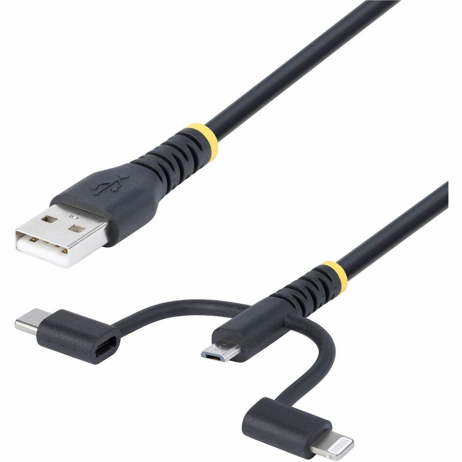 StarTech.com 3.3ft (1m) Rugged USB Multi Charging Cable, USB to Lightning/Micro-USB/Type-C, Apple MFi, Aramid Jacket, 3-in-1 Charger Cord - RLTCUB1MBK