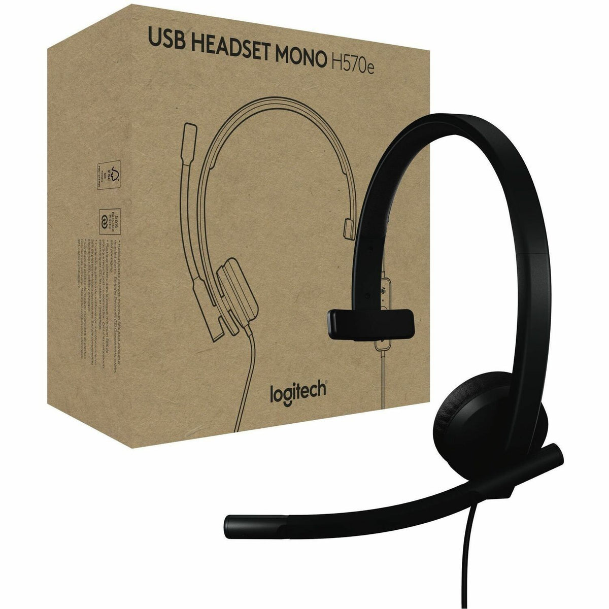 Logitech H570e USB Wired Mono Headset, USB-C, Noise-Canceling Mics, Inline Controls, Certified for Microsoft Teams, Black - 981-001425