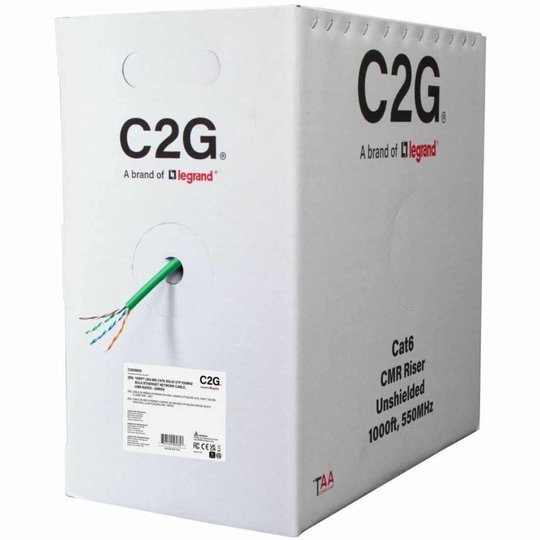 C2G 1000ft (304.8m) TAA-Compliant Cat6 Unshielded (UTP) Ethernet Cable with Solid Conductors-Riser CMR-Rated - Green - C2G56035