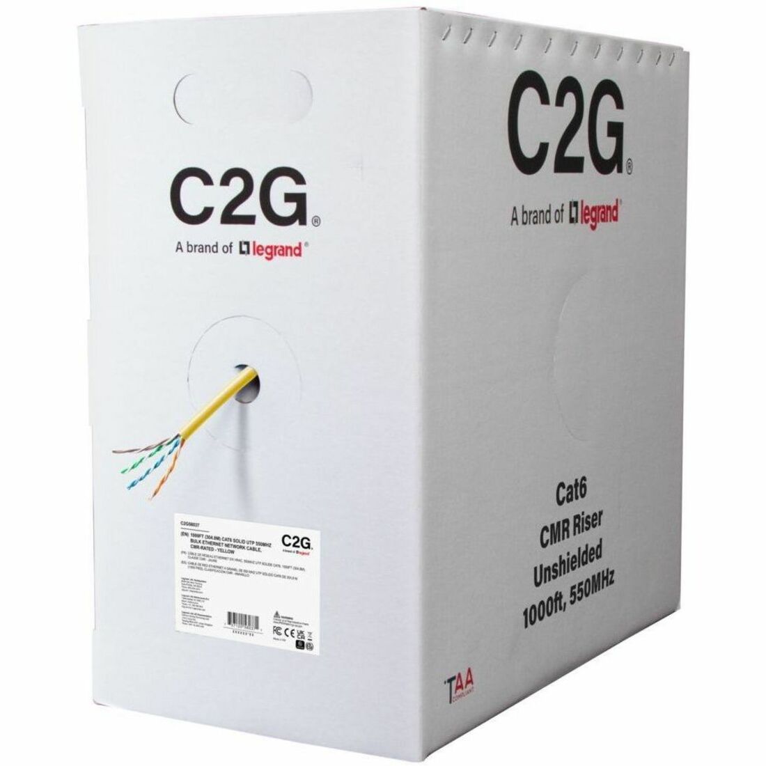 C2G 1000ft (304.8m) TAA-Compliant Cat6 Unshielded (UTP) Ethernet Cable with Solid Conductors-Riser CMR-Rated - Yellow - C2G56037