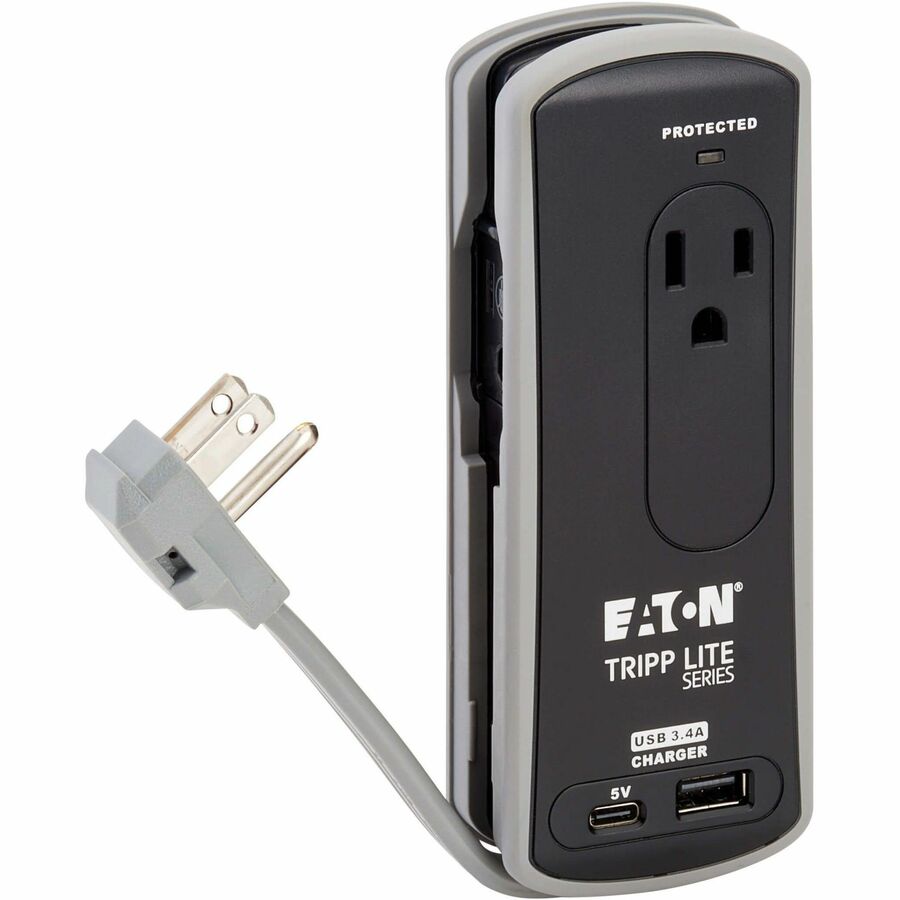 Eaton Tripp Lite Series Protect It! 2-Outlet Travel-Size Surge Protector - 5-15R Outlets, USB-C and USB-A Ports, 5-15P Input, Black - TRAVELER3USBC