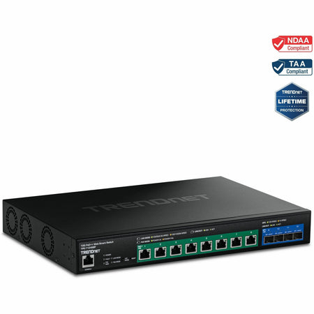 TRENDnet 12-Port 10G PoE++ Web Smart Switch, TPE-7124SBF, 720W PoE Power Budget, 8 x 10G PoE++ Ports, 4 x 10G SFP+ Ports, NDAA TAA Compliant, 1U 19" Rack Mountable, Lifetime Protection - TPE-7124SBF