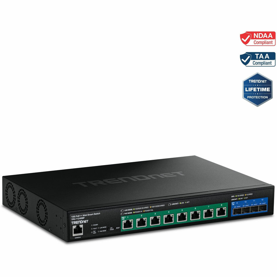 TRENDnet 12-Port 10G PoE++ Web Smart Switch, TPE-7124SBF, 720W PoE Power Budget, 8 x 10G PoE++ Ports, 4 x 10G SFP+ Ports, NDAA TAA Compliant, 1U 19" Rack Mountable, Lifetime Protection - TPE-7124SBF