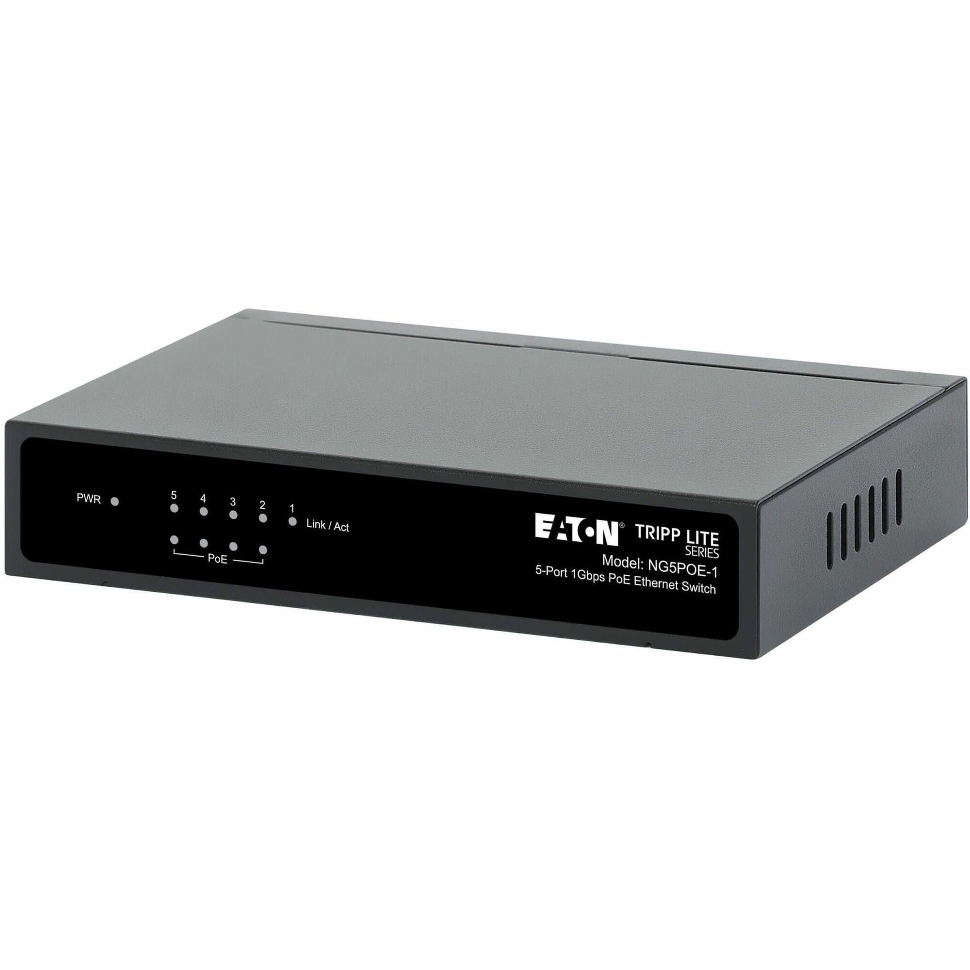 Eaton Tripp Lite Series 5-Port 10/100/1000 Mbps PoE-Powered Desktop Gigabit Ethernet Unmanaged Switch with PoE+ Pass-Through, 65W, Metal Enclosure - NG5POE-1