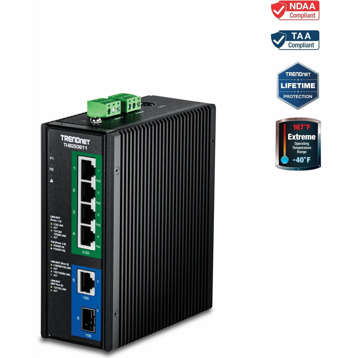 TRENDnet 6-Port Industrial 2.5G PoE++ DIN-Rail Switch with 10G Ports,TI-BG50611,Multi-Gigabit,4 x 2.G PoE++ Ports, 1 x 10G RJ-45 Port,1 x 10G SFP+ Port,Lifetime Protection, Black - TI-BG50611