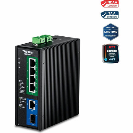 TRENDnet 6-Port Industrial 2.5G PoE++ DIN-Rail Switch with 10G Ports,TI-BG50611,Multi-Gigabit,4 x 2.G PoE++ Ports, 1 x 10G RJ-45 Port,1 x 10G SFP+ Port,Lifetime Protection, Black - TI-BG50611