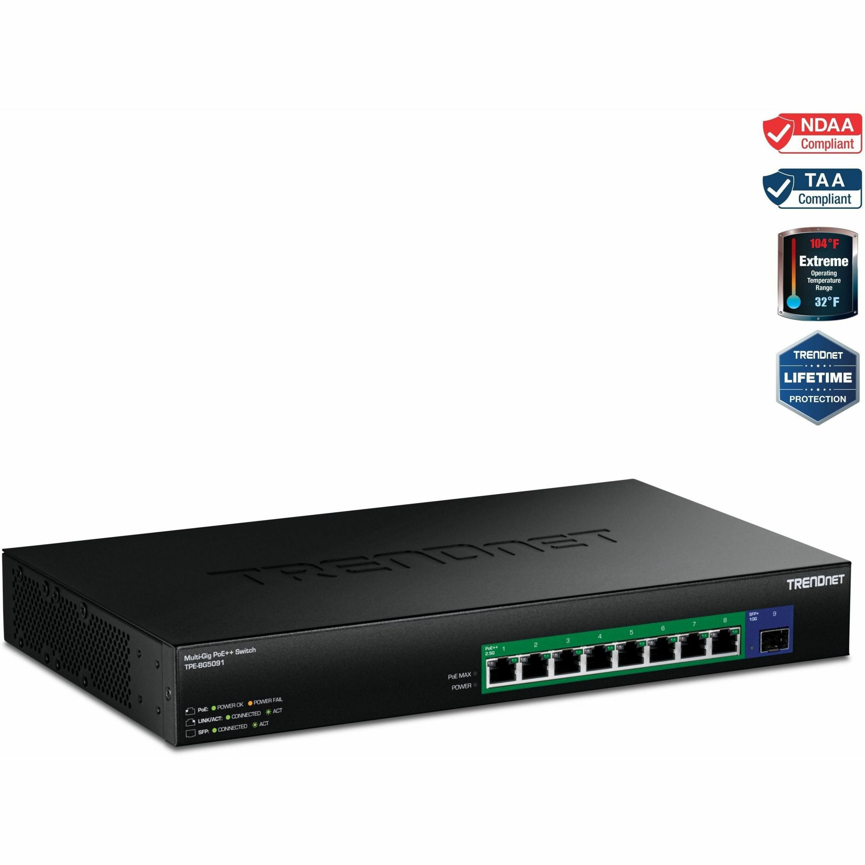 TRENDnet 9-Port 2.5G GaN Power PoE++ Switch with 10G SFP+ Port (480W), TPE-BG5091, 8 x 2.5G PoE++ Ports, 1 x 10G SFP+ Port, 480W, 60Gbps, NDAA TAA Compliant for Government use, Lifetime Protection - TPE-BG5091
