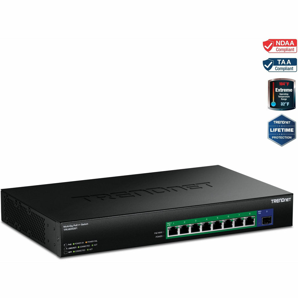 TRENDnet 9-Port 2.5G GaN Power PoE++ Switch with 10G SFP+ Port (480W), TPE-BG5091, 8 x 2.5G PoE++ Ports, 1 x 10G SFP+ Port, 480W, 60Gbps, NDAA TAA Compliant for Government use, Lifetime Protection - TPE-BG5091