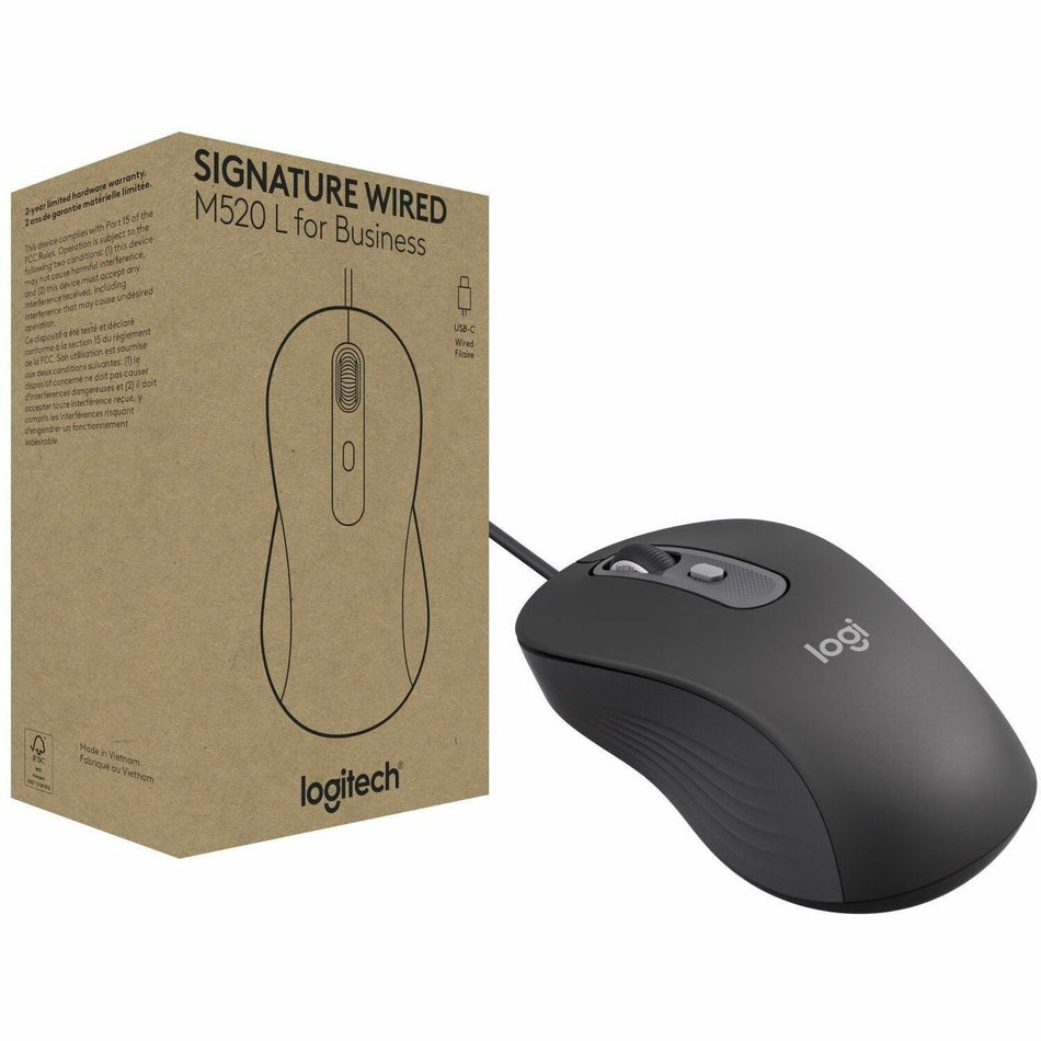 Logitech Signature Wired M520 Large for Business, Optical Wired Mouse, USB-C Plug-and-Play, Graphite - 910-007497