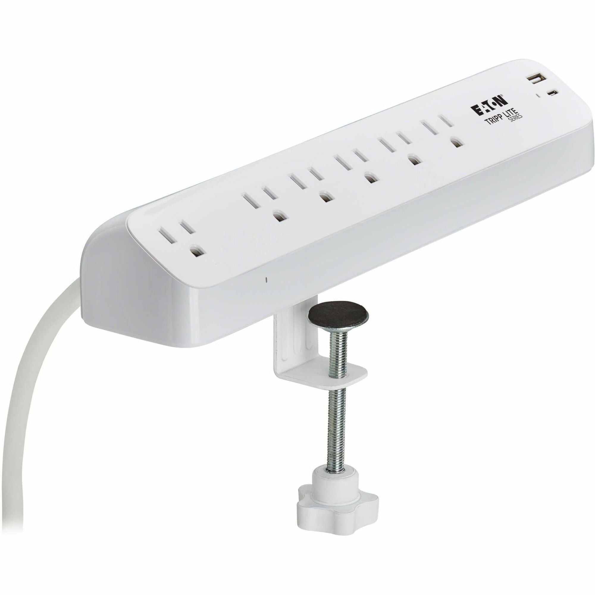 Eaton Tripp Lite Series Protect It! 6-Outlet Surge Protector with USB-A and USB-C Charging Ports - 5-15R Outlets, 900 Joules, Desk Clamp, 6 ft. (1.8 m) Cord, White - TLP66UCLAMP