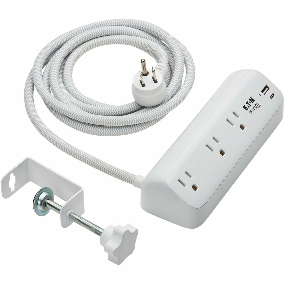 Eaton Tripp Lite Series Protect It! 3-Outlet Surge Protector with USB-A and USB-C Ports - 5-15R Outlets, 900 Joules, 20W PD Charging, Desk Clamp, 8 ft. (2.4 m) Braided Cord, White - TLP308U20CLAMP