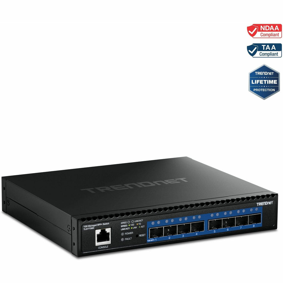 TRENDnet 8-Port 10G Layer 2 Managed SFP+ Switch, TL2-F7080, 8 x 10G SFP+ Ports, Web-Based Management, NDAA + TAA Compliant, 160Gbps, Layer 2 Hub, Ethernet Splitter - TL2-F7080