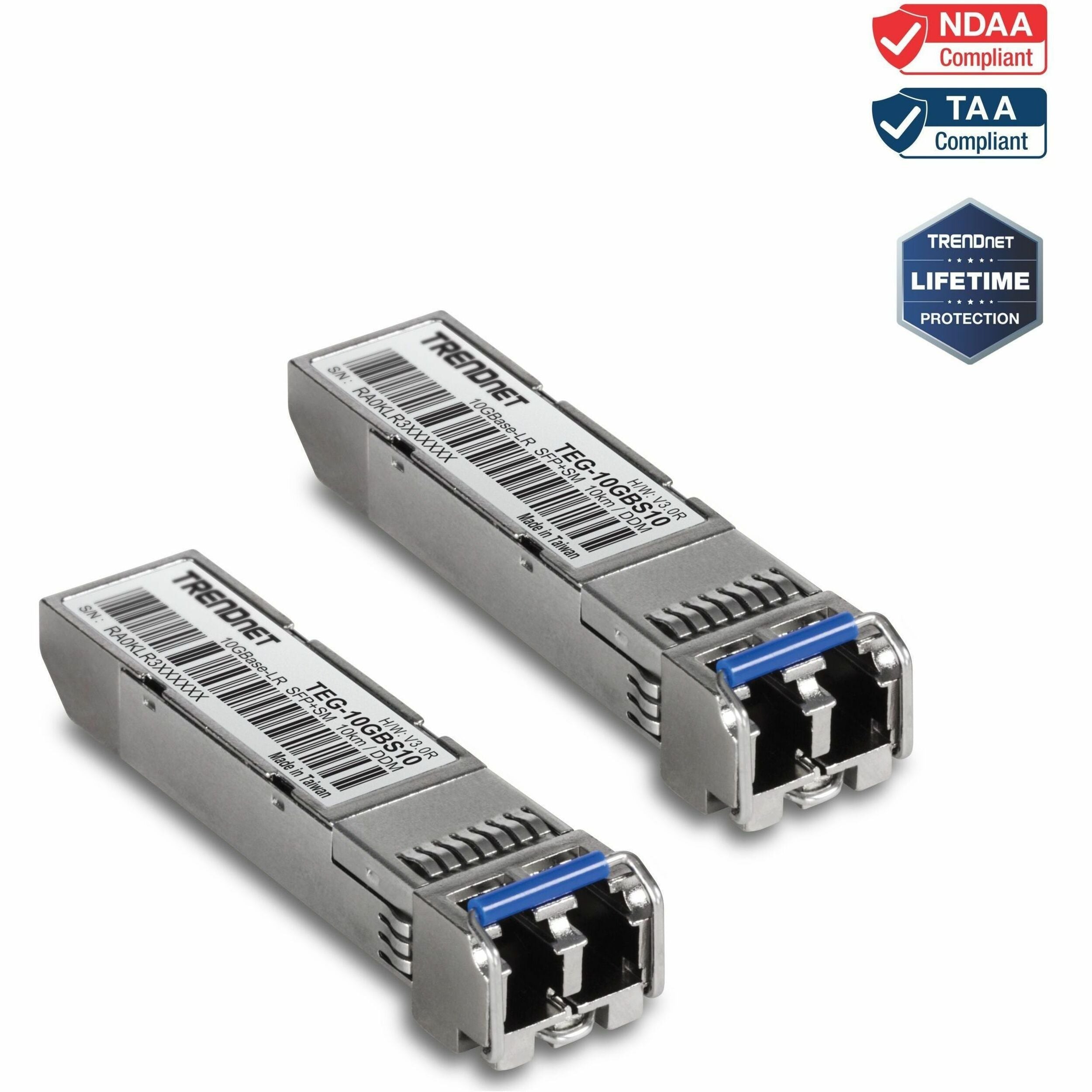 TRENDnet 2-Pack SFP to RJ45 10GBASE-LR SFP+ Single Mode LC Modules, TEG-10GBS10/2, Up to 10 km (6.2 Miles), Hot Pluggable SFP Transceivers, Duplex LC Connector, 1310nm,Lifetime Protection - TEG-10GBS10/2