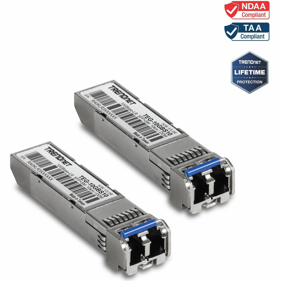 TRENDnet 2-Pack SFP to RJ45 10GBASE-LR SFP+ Single Mode LC Modules, TEG-10GBS10/2, Up to 10 km (6.2 Miles), Hot Pluggable SFP Transceivers, Duplex LC Connector, 1310nm,Lifetime Protection - TEG-10GBS10/2