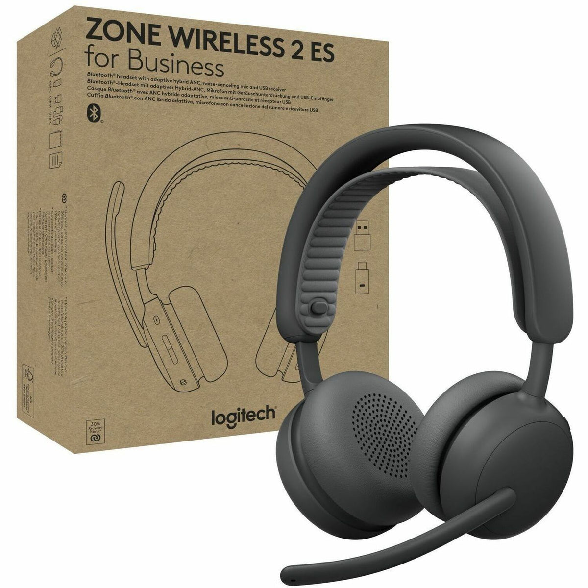 Logitech Zone Wireless 2 ES for Business - Noise-Canceling Wireless Headset with Adaptive Hybrid ANC, Zoom & Google Certified, USB-C & USB-A,Graphite - 981-001497
