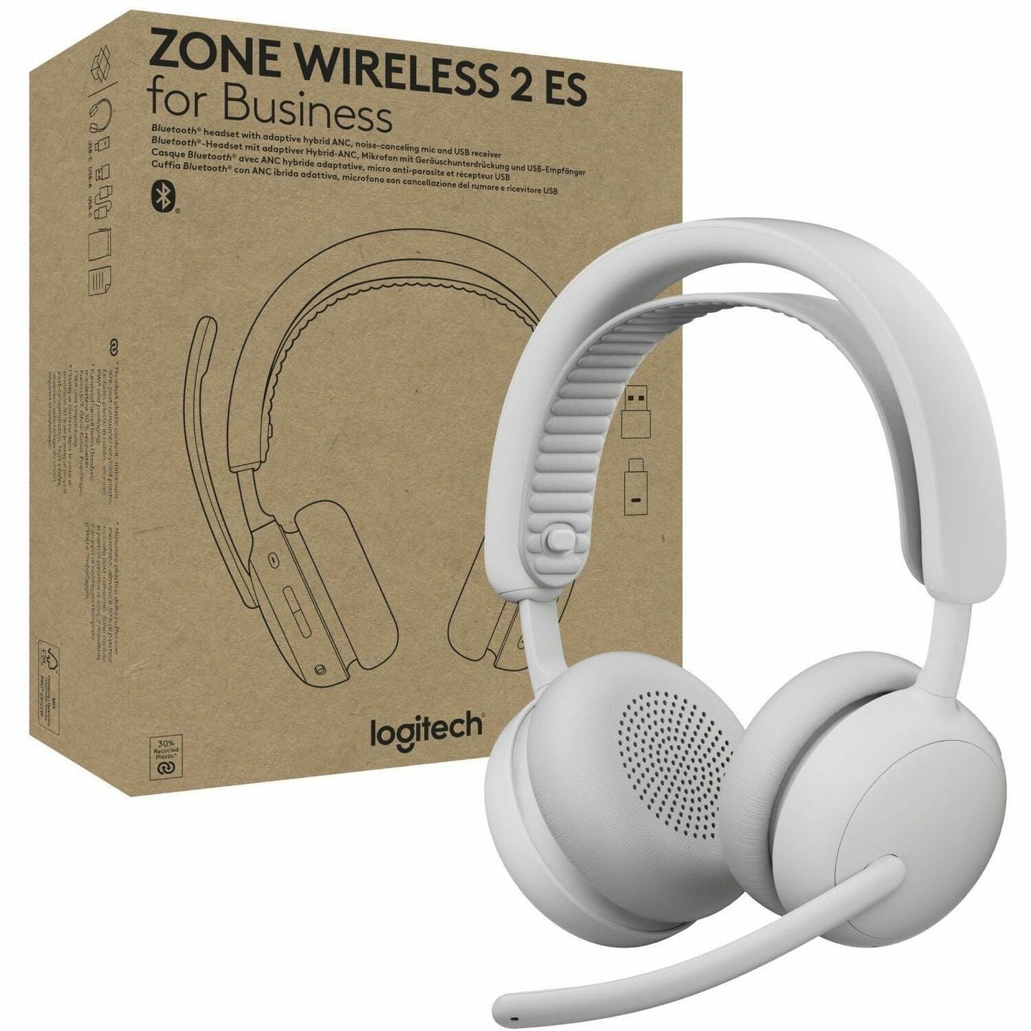 Logitech Zone Wireless 2 ES for Business - Noise-Canceling Wireless Headset with Adaptive Hybrid ANC, Microsoft Teams Certified, USB-C & USB-A, Off-white - 981-001518