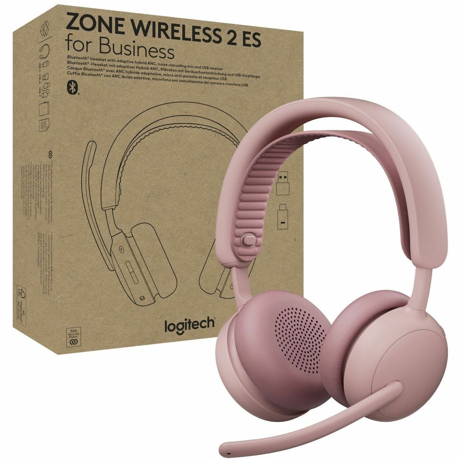 Logitech Zone Wireless 2 ES for Business - Noise-Canceling Wireless Headset with Adaptive Hybrid ANC, Microsoft Teams Certified, USB-C & USB-A, Rose - 981-001519