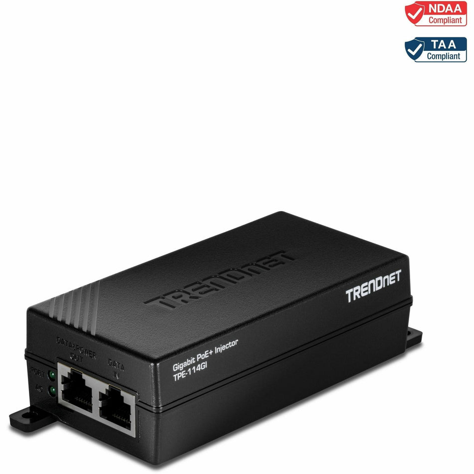 TRENDnet Gigabit PoE+ Injector, TPE-114GI, Supplies PoE (15.4W), PoE+(30W), Network A PoE Device Up to 100m (328 ft), Plug & Play, NDAA & TAA Compliant, Black - TPE-114GI