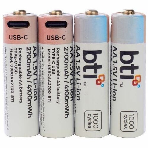 BTI USBCAA2700-BTI 1.5V LI-ION 2700MAH 4100mWH USB-C PORT RECHARGEABLE BATTERY (PACK OF 4) FOR GENERAL USE - SIZE AA - USBCAA2700-BTI