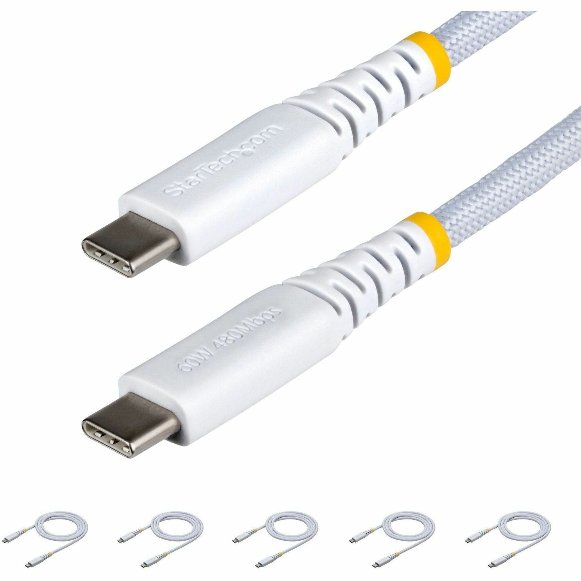 StarTech.com 5-Pack 3ft (91cm) White USB-C Charging Cable, 60W (3A) PD, Dual-Layer Braided Nylon/TPE Jacket, Rugged USB C Charger Cord - USB2CC3FNCBRWH5PK