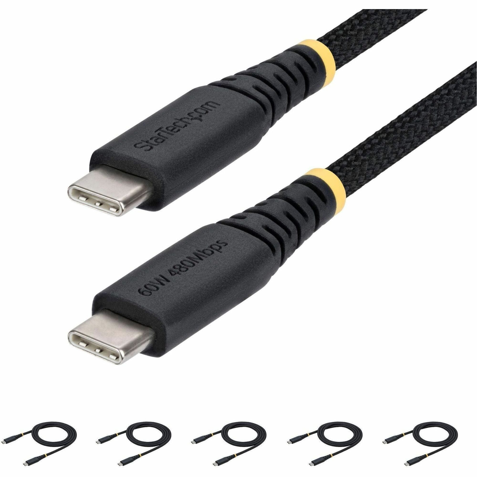 StarTech.com 5-Pack 3ft (91cm) USB-C Charging Cable, 60W (3A) PD, Dual-Layer Braided Nylon/TPE Jacket, Rugged USB C Charger Cord - USB2CC3FNCBR5PK
