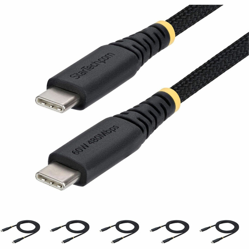 StarTech.com 5-Pack 3ft (91cm) USB-C Charging Cable, 60W (3A) PD, Dual-Layer Braided Nylon/TPE Jacket, Rugged USB C Charger Cord - USB2CC3FNCBR5PK