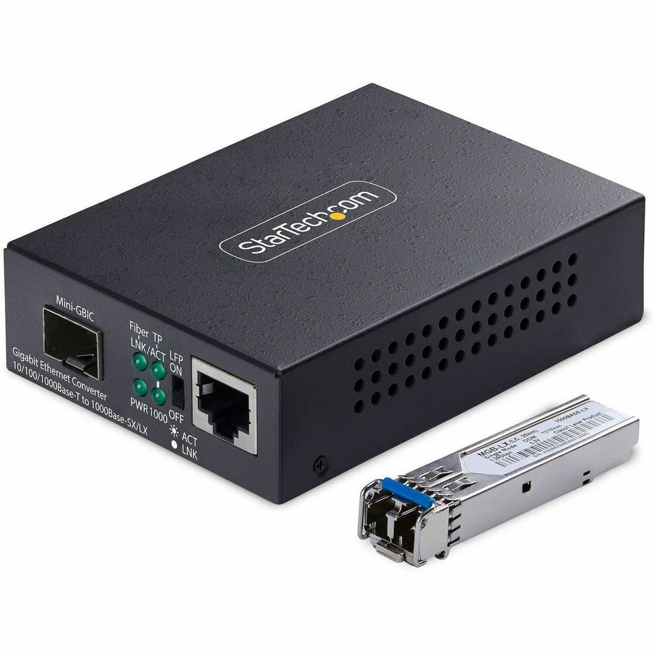 StarTech.com Gigabit Ethernet Copper-to-Fiber Media Converter, SM LC, 40km, 10/100/1000 Mbps, RJ45 to LC, 9K Jumbo Frames, TAA Compliant - MCM1110SMLC40